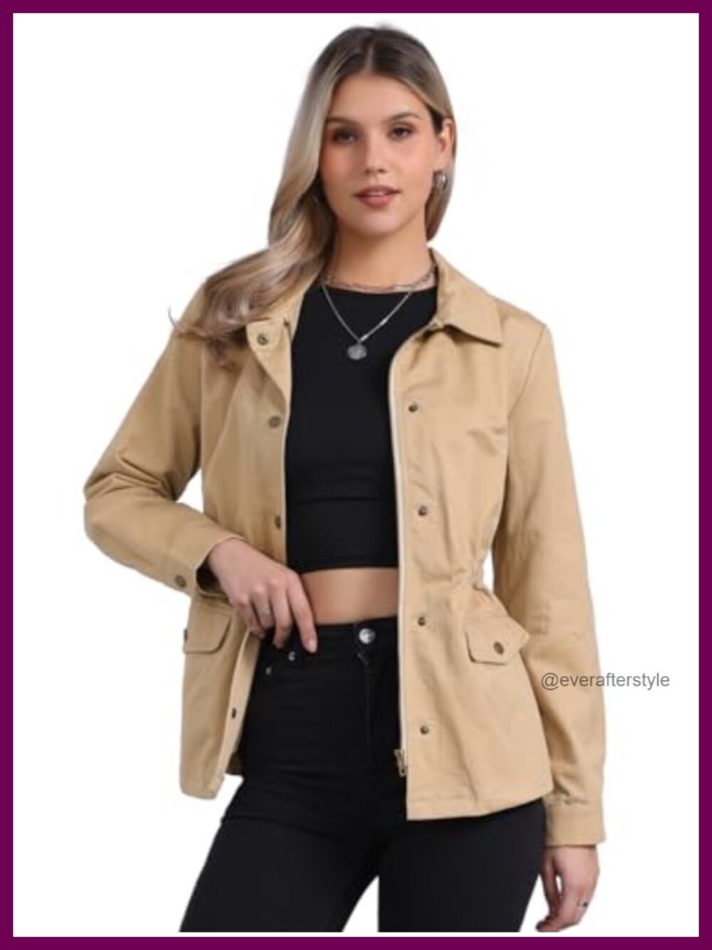 Womens Utility Jacket 100% Cotton Zip Up Drawstring Waist Coat with Pockets